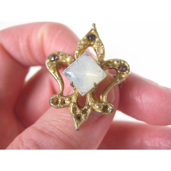 Vintage Fleur De Lis Brooch Opalescent Glass Faux Pearls WORN MISSING - Picture 4 of 5